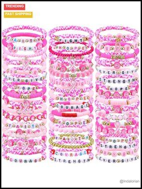 Breast Cancer Awareness Bracelets 50 Pcs Polymer Clay Bead Stretch